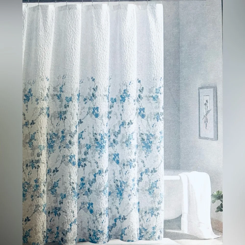 DKNY WALLFLOWER Microsculpt Fabric Shower Curtain Floral Shades Of Blue Gray New